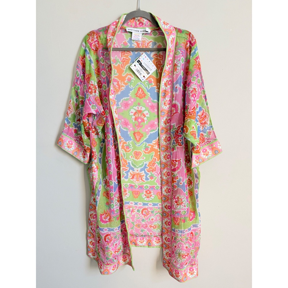 Gretchen Scott Poly Crepe Kimono Pink Lime Watteau Floral Duster ML New - Picture 2 of 6
